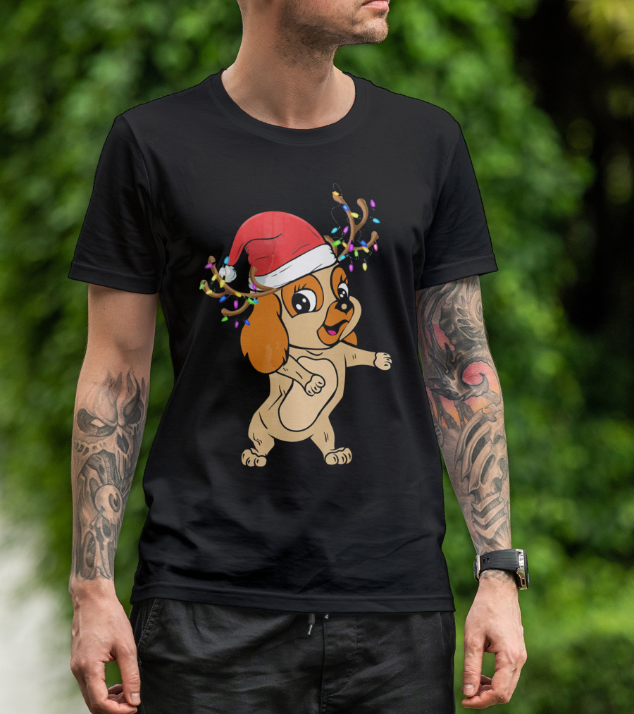 Cocker Spaniel Reindeer Christmas Funny Dog With Santa Hat And Festive Antlers T-Shirt