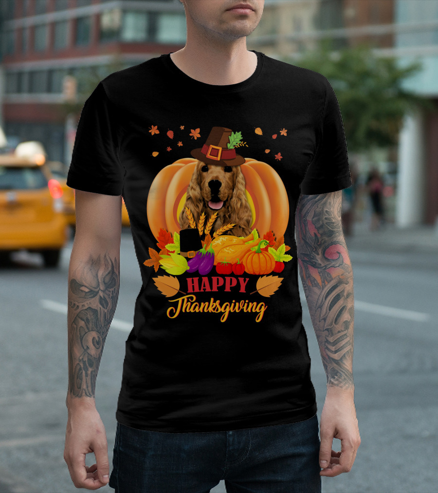 Happy Thanksgiving Cocker Spaniel with Pumpkins and Autumn Harvest T-Shirt