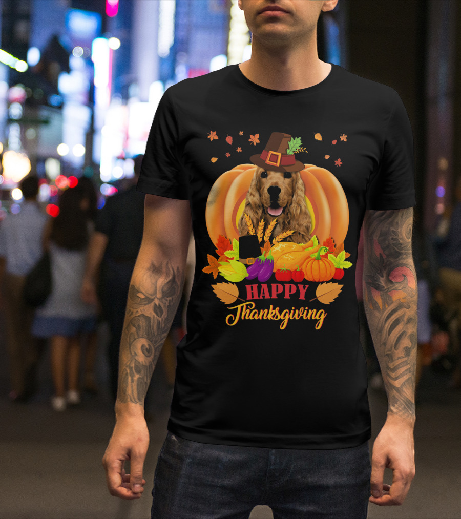 Happy Thanksgiving Cocker Spaniel With Pumpkins And Autumn Harvest T-Shirt