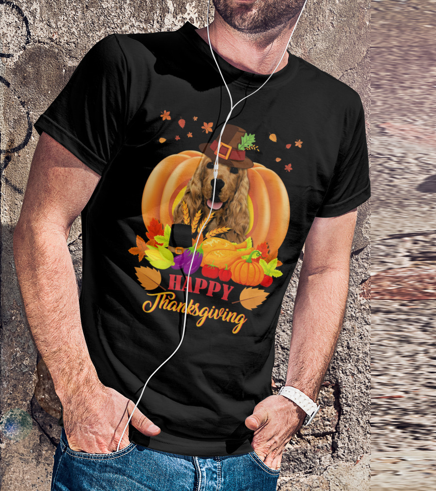 Happy Thanksgiving Cocker Spaniel With Pumpkins And Autumn Harvest T-Shirt