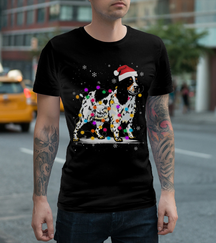 Cocker Spaniel Santa Hat Christmas Lights Snowflakes T-Shirt