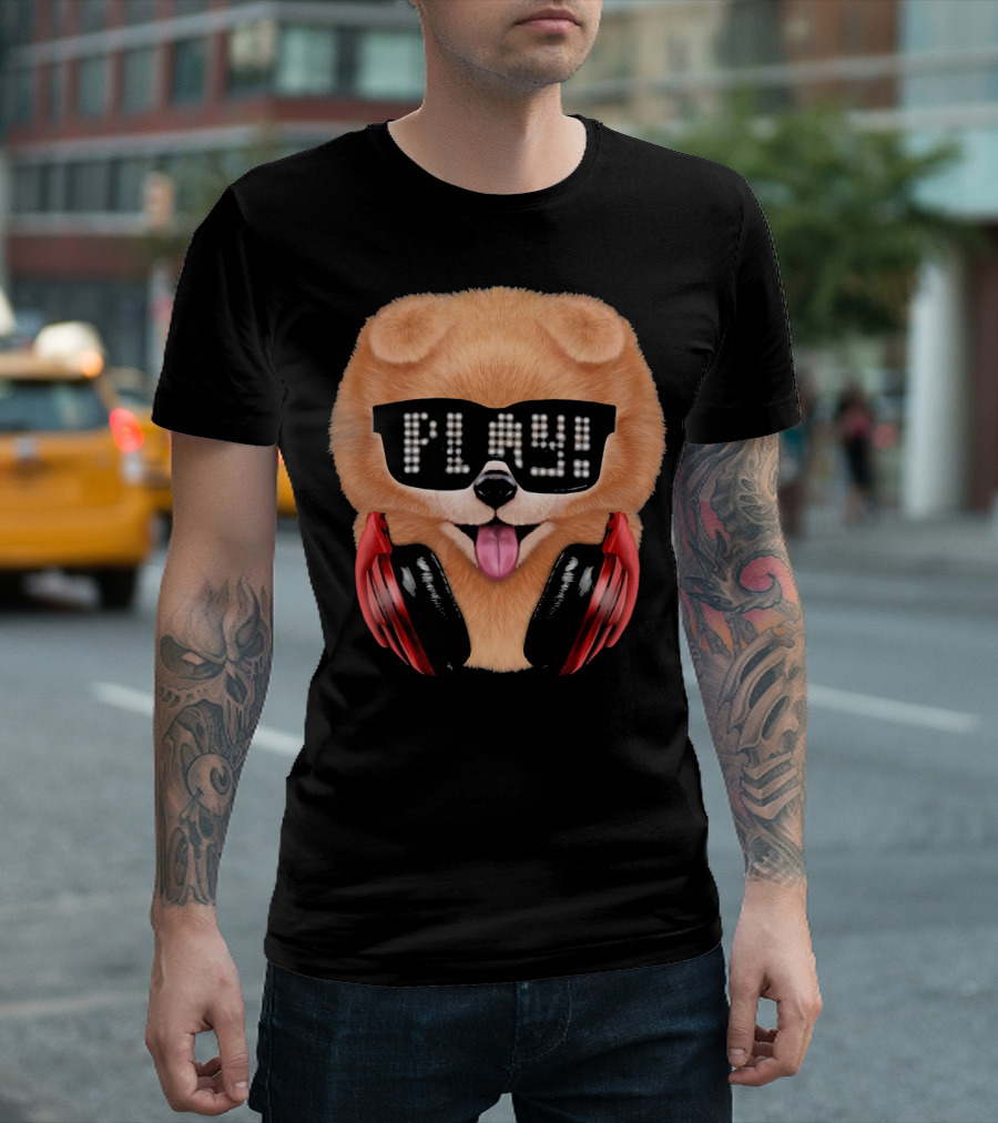 Cream Pomeranian Dog DJ In Sunglass With Play Headphones T-Shirt