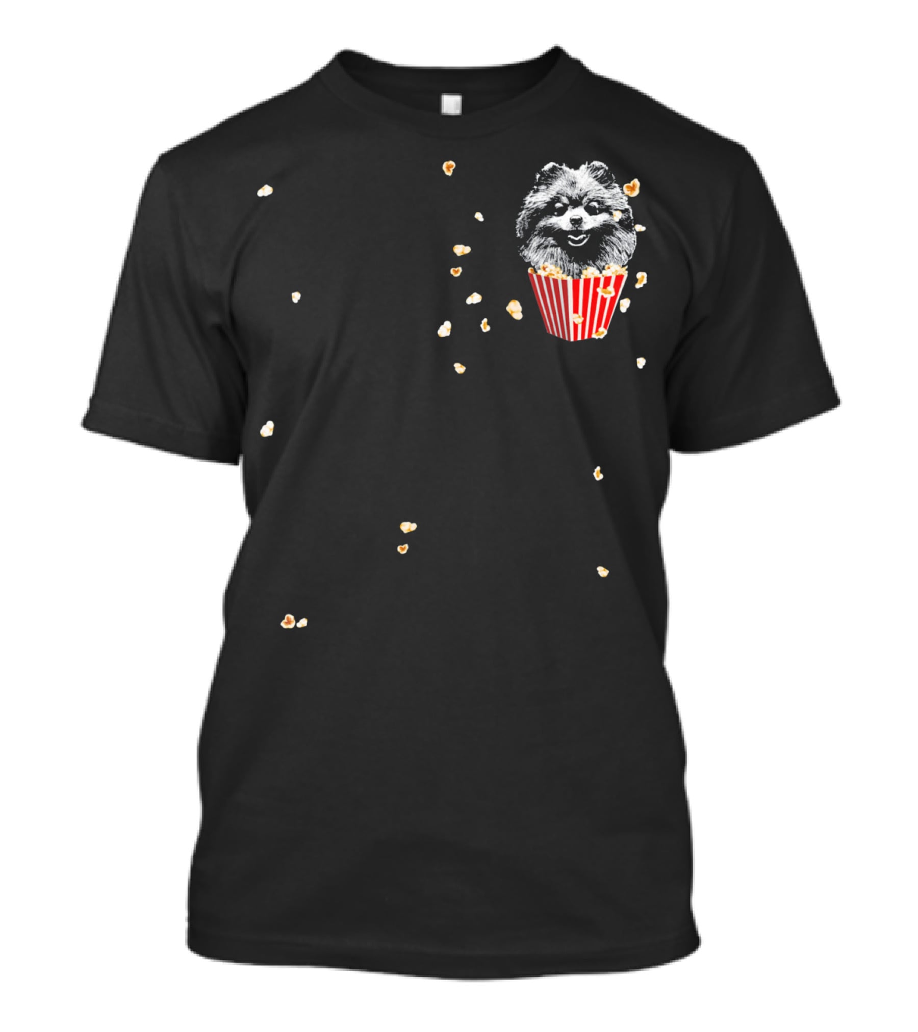 Smiling Pomeranian In Popcorn Box With Popping Kernels T-Shirt