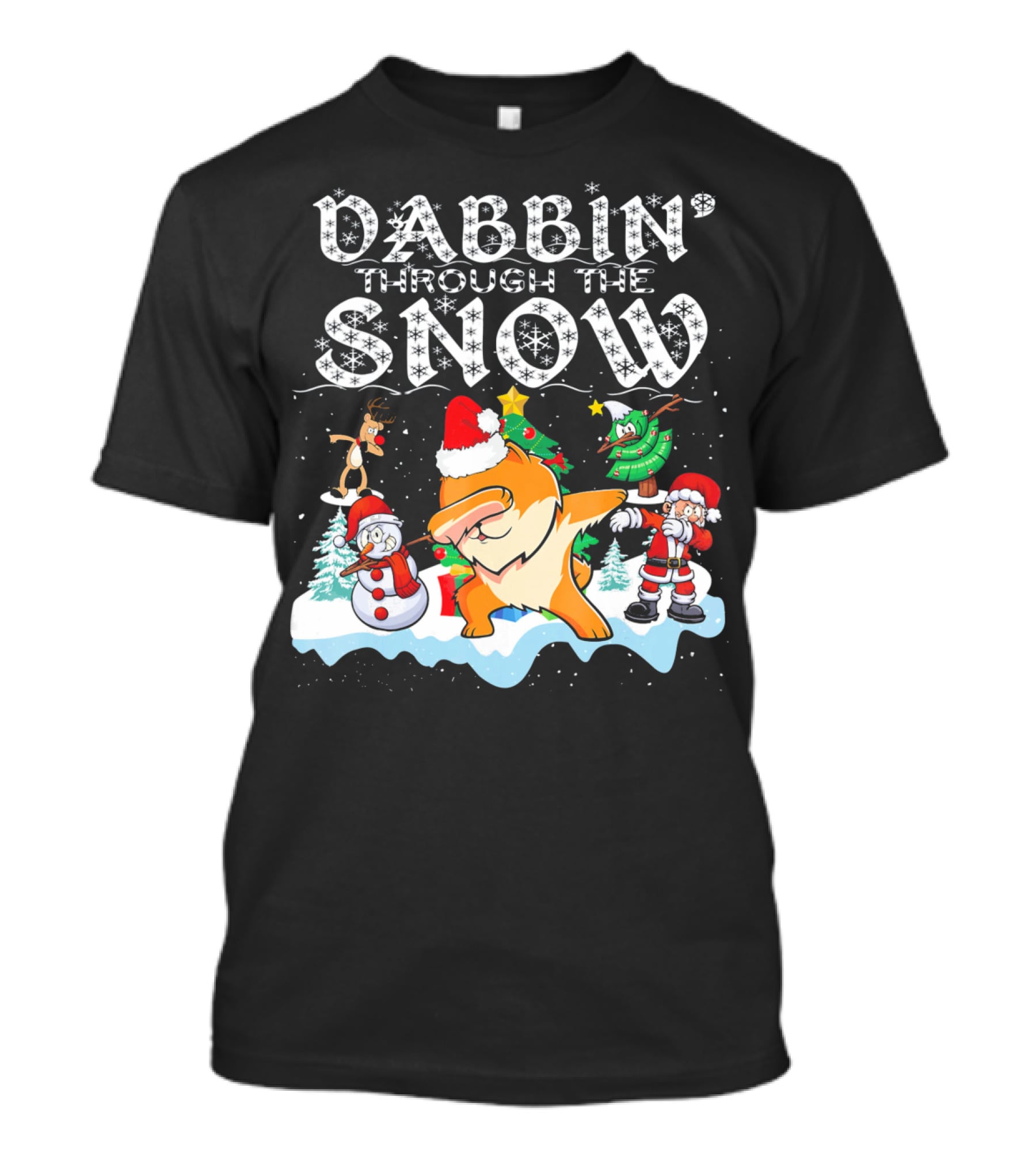 Dabbin Through The Snow Pomeranian Dog With Santa Snowman And Reindeer T-Shirt