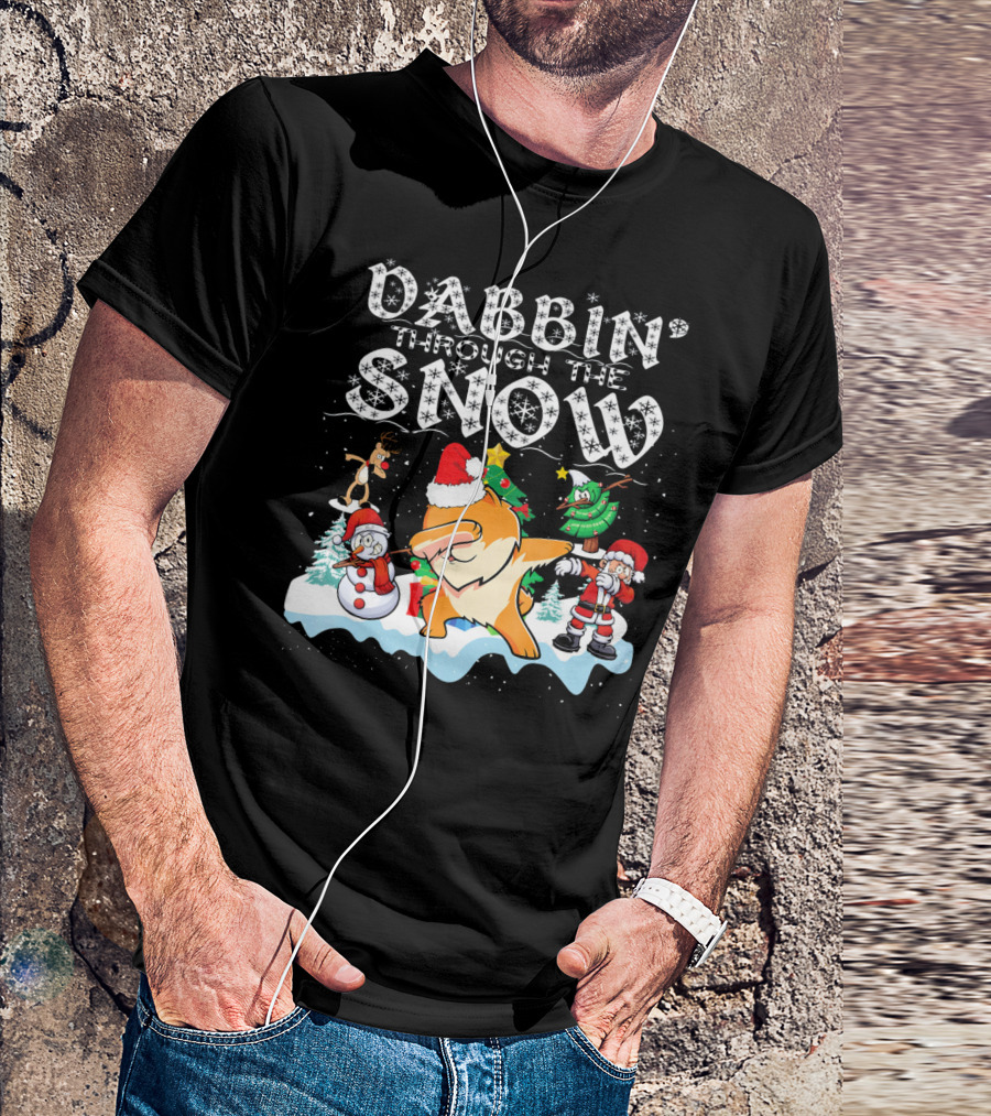 Dabbin Through The Snow Pomeranian Dog With Santa Snowman And Reindeer T-Shirt