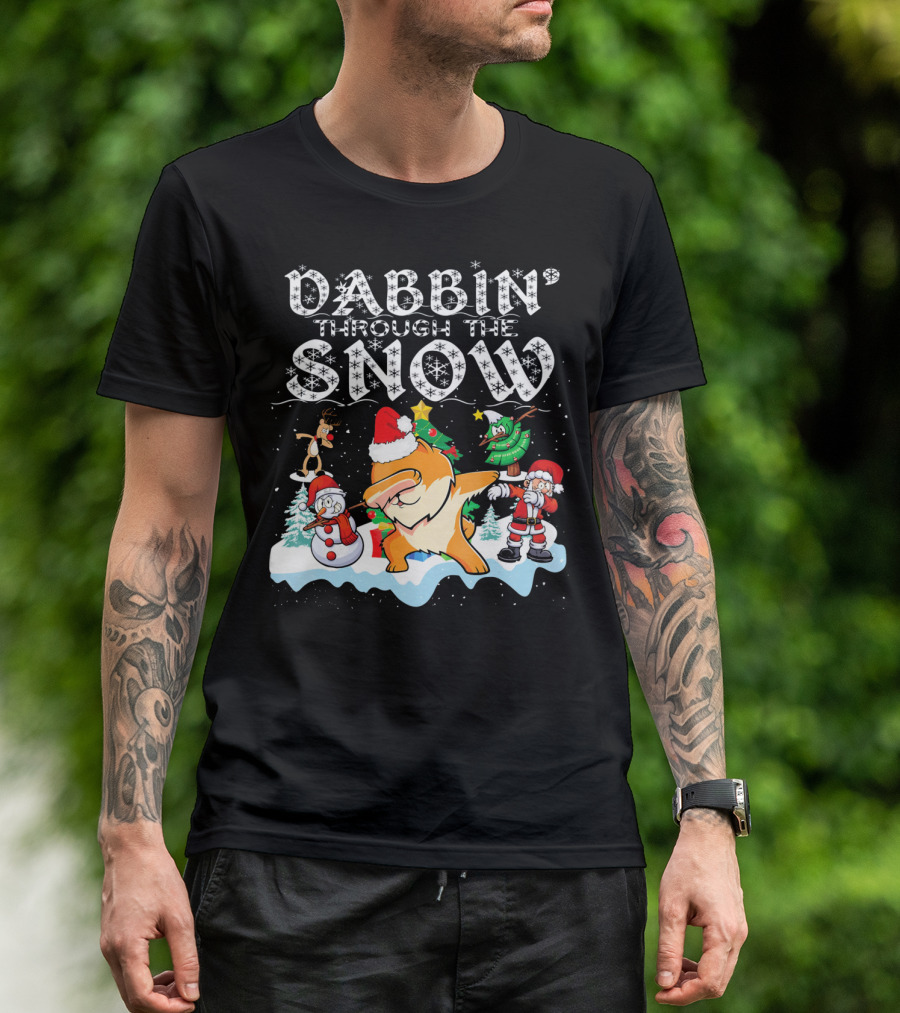 Dabbin Through The Snow Pomeranian Dog With Santa Snowman And Reindeer T-Shirt