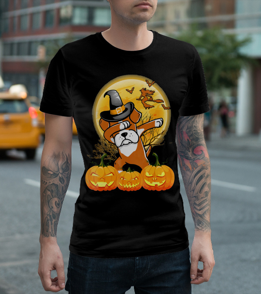 Halloween Dabbing Boxer Dog Witch Hat Pumpkins Bats Moon T-Shirt