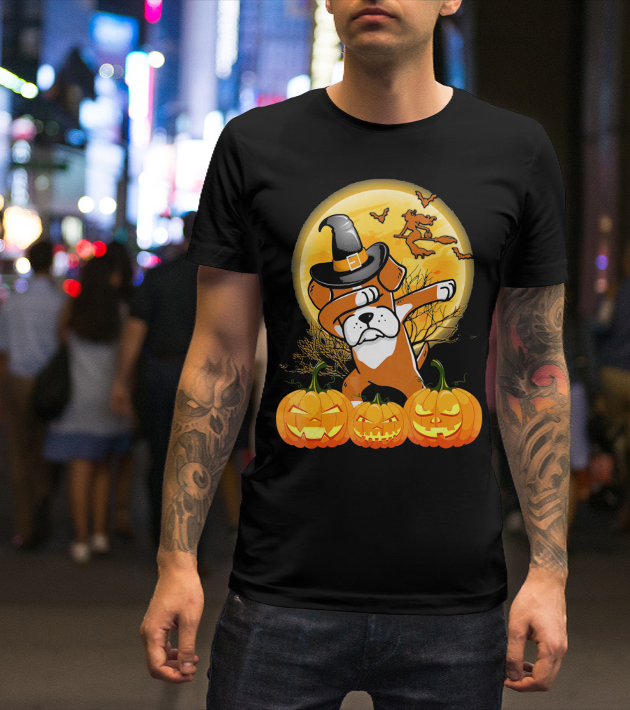 Halloween Dabbing Boxer Dog Witch Hat Pumpkins Bats Moon T-Shirt