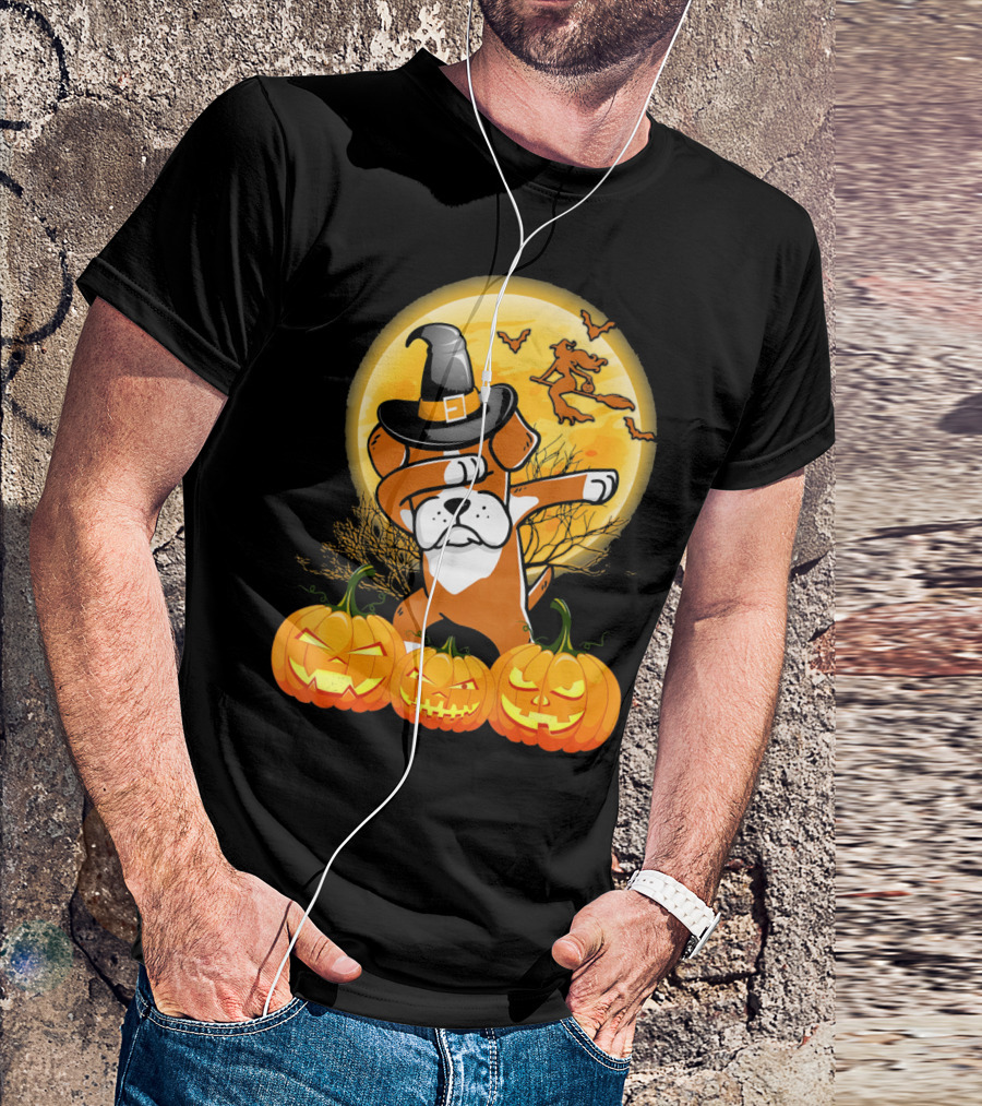 Halloween Dabbing Boxer Dog Witch Hat Pumpkins Bats Moon T-Shirt