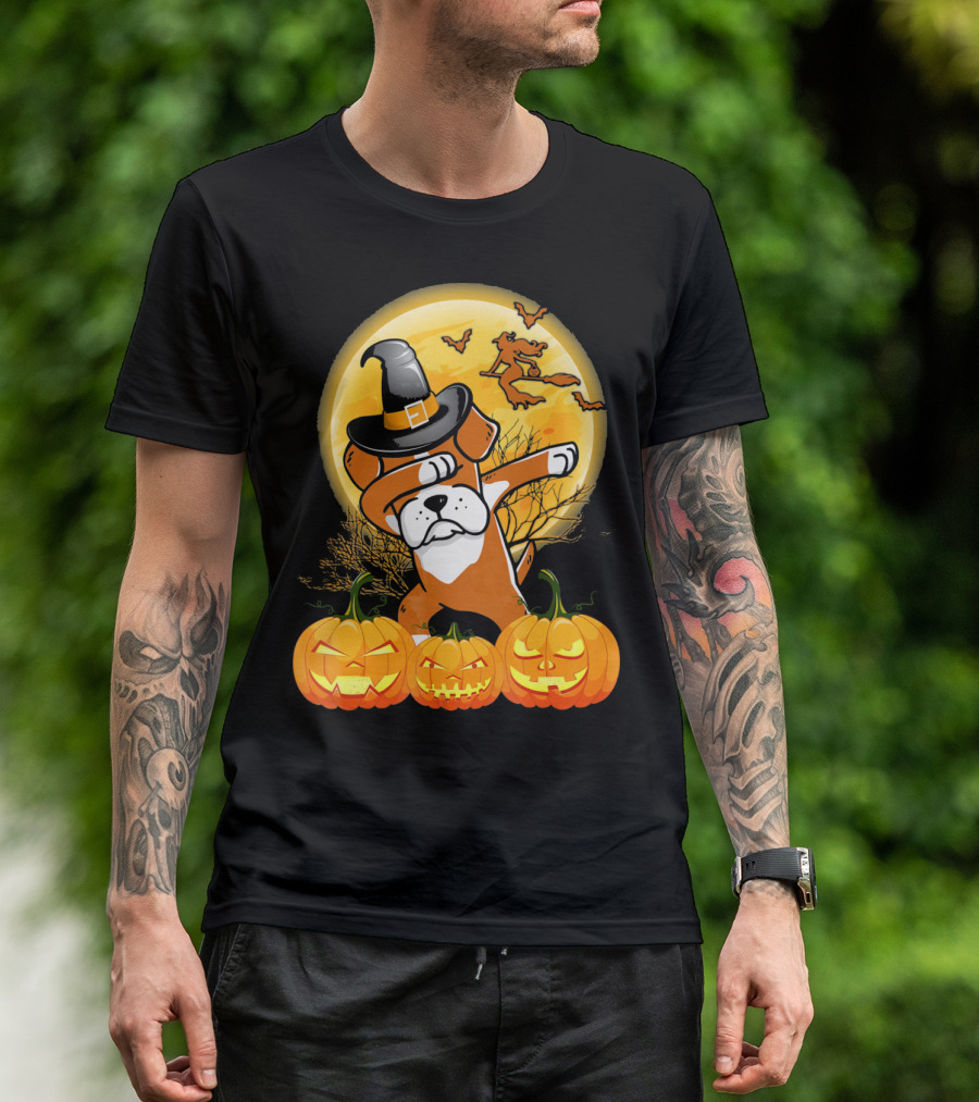 Halloween Dabbing Boxer Dog Witch Hat Pumpkins Bats Moon T-Shirt