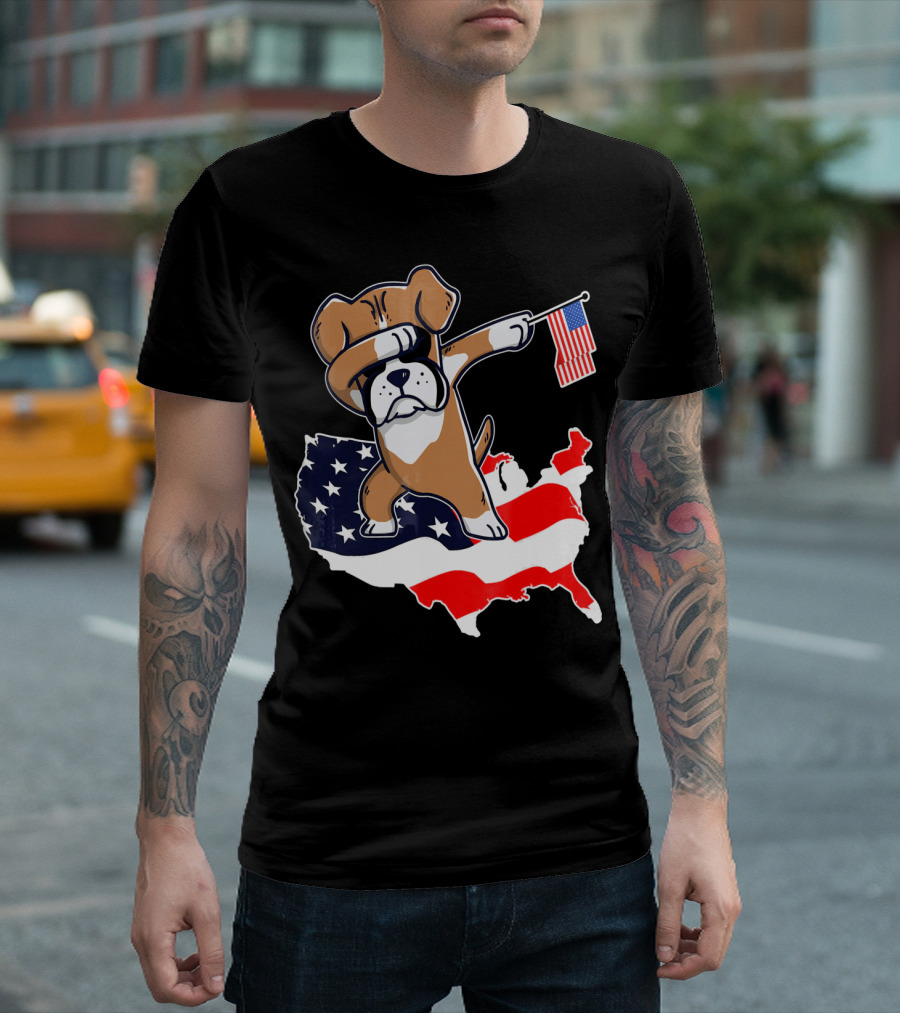 Dabbing Boxer Dog with American Flag Map Background T-Shirt