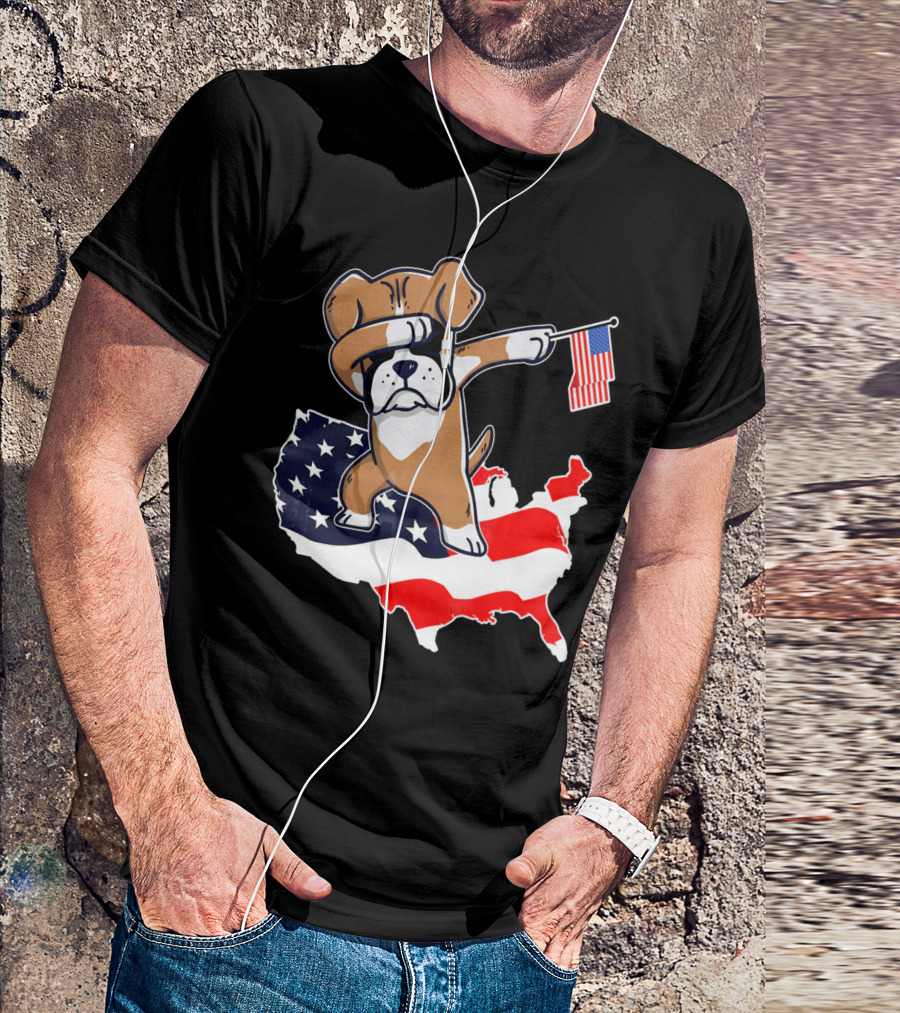 Dabbing Boxer Dog With American Flag Map Background T-Shirt