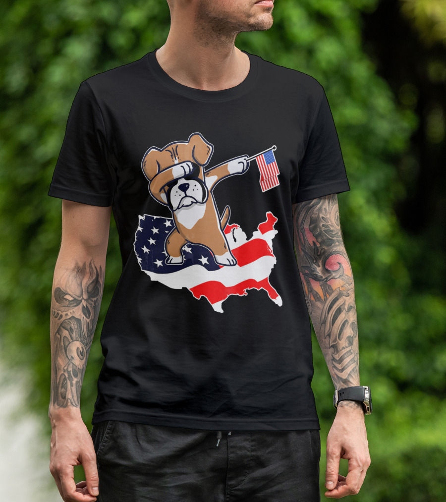 Dabbing Boxer Dog With American Flag Map Background T-Shirt