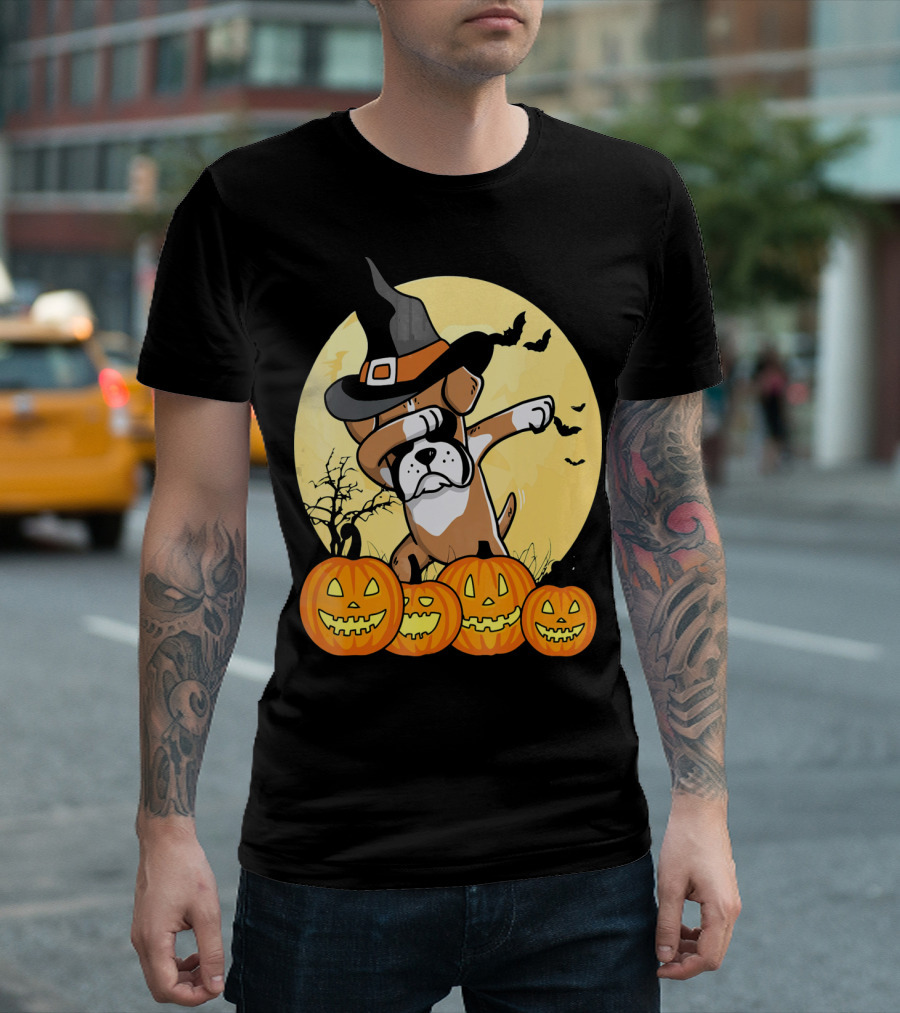 Dabbing Boxer Dog Witch Hat Pumpkin Halloween Dab Dance T-Shirt