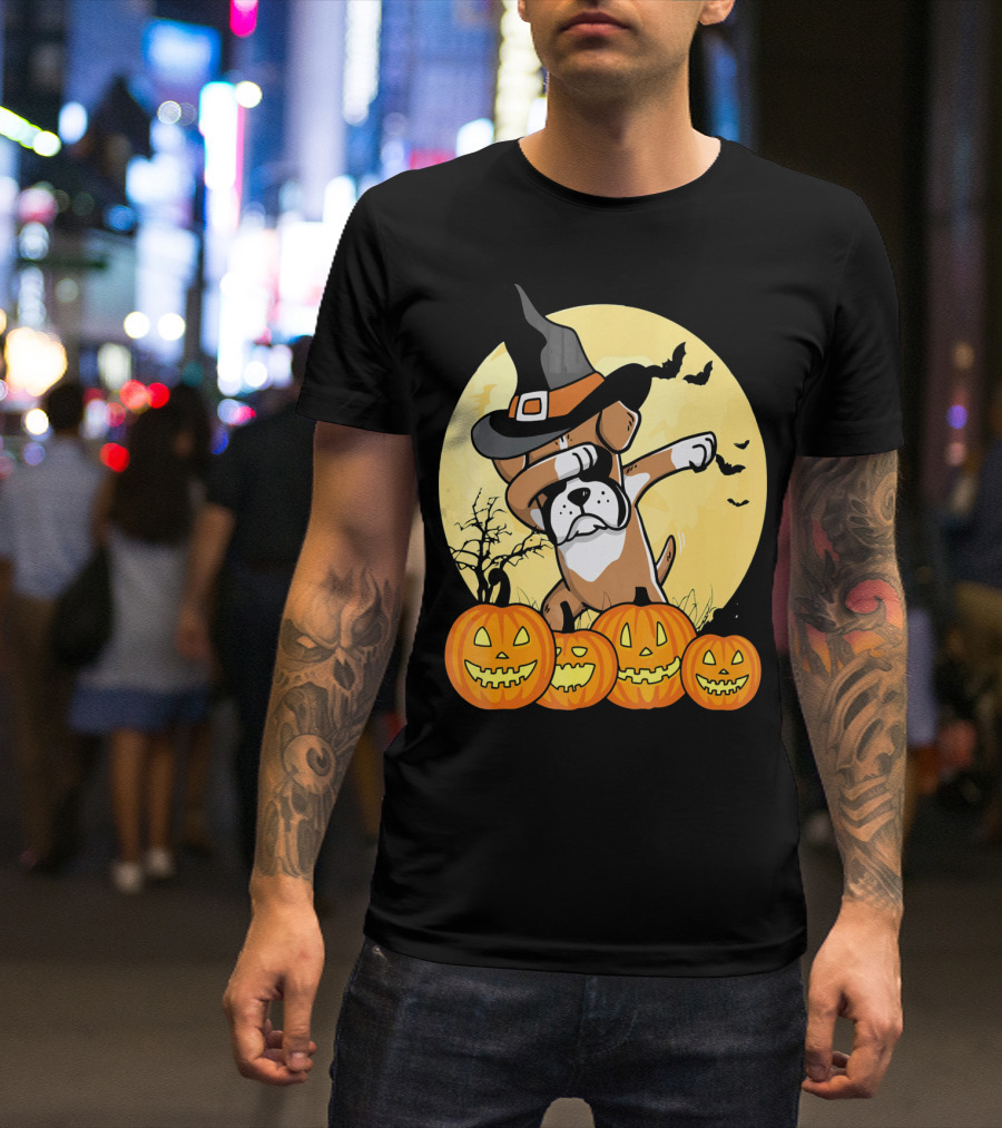 Dabbing Boxer Dog Witch Hat Pumpkin Halloween Dab Dance T-Shirt