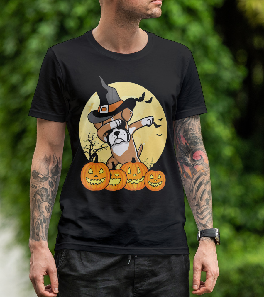 Dabbing Boxer Dog Witch Hat Pumpkin Halloween Dab Dance T-Shirt