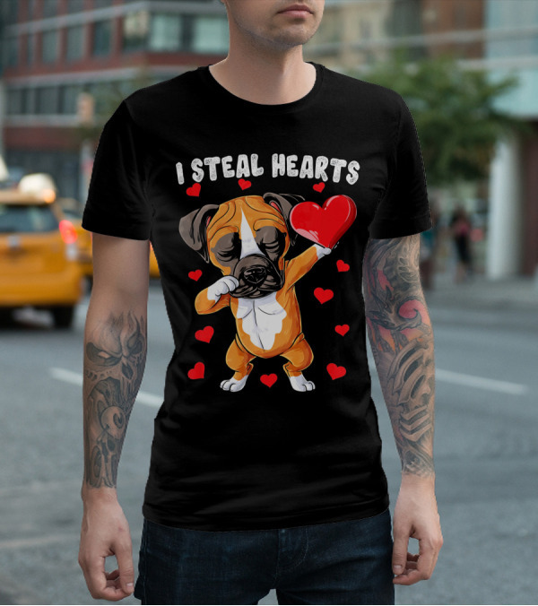 Dabbing Boxer Dog Holding Red Heart I Steal Hearts T-Shirt