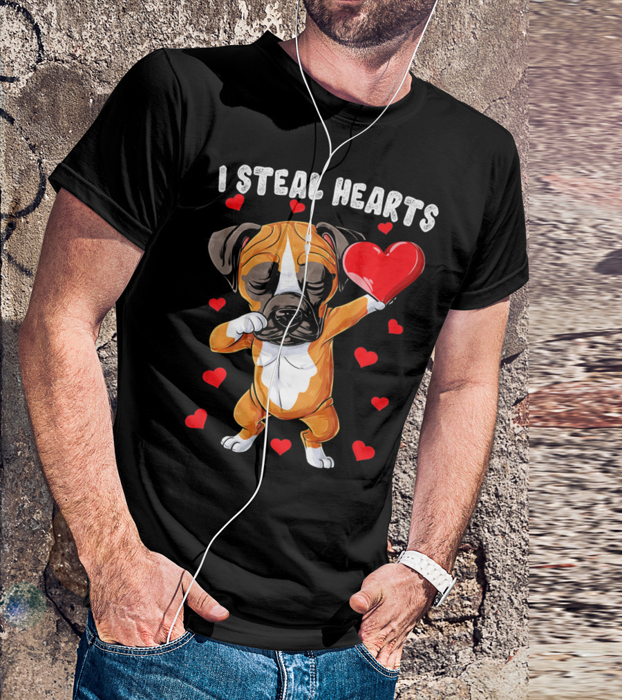 Dabbing Boxer Dog Holding Red Heart I Steal Hearts T-Shirt