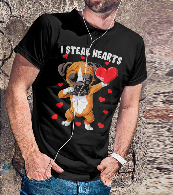 Dabbing Boxer Dog Holding Red Heart I Steal Hearts T-Shirt