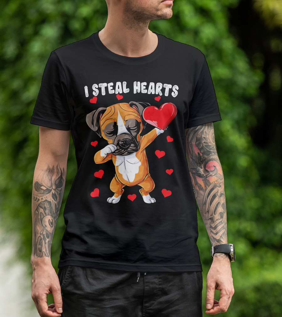 Dabbing Boxer Dog Holding Red Heart I Steal Hearts T-Shirt