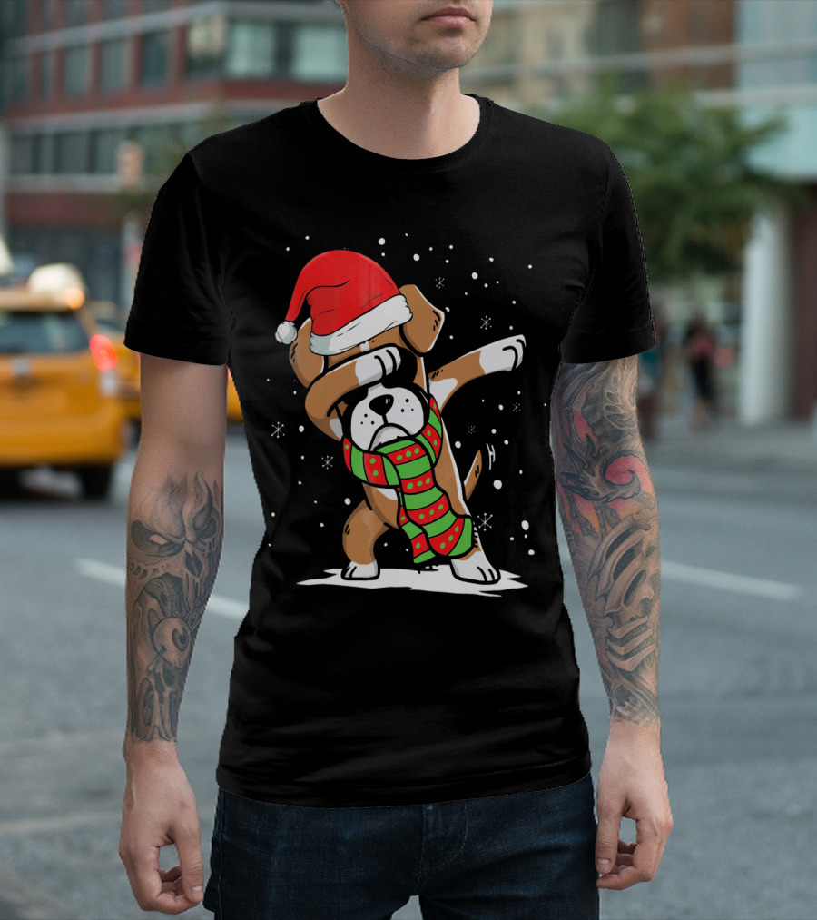 Festive Dabbing Boxer Dog in Santa Hat and Scarf for Christmas Dog Lovers T-Shirt