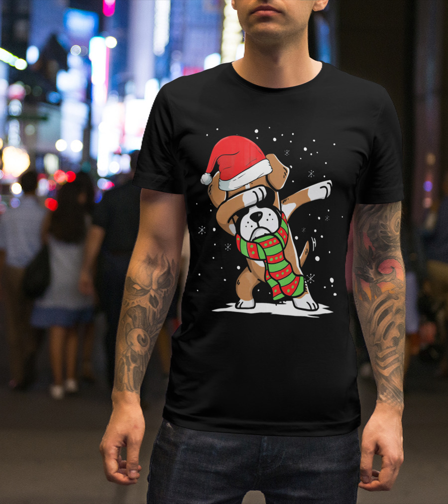 Festive Dabbing Boxer Dog In Santa Hat And Scarf For Christmas Dog Lovers T-Shirt