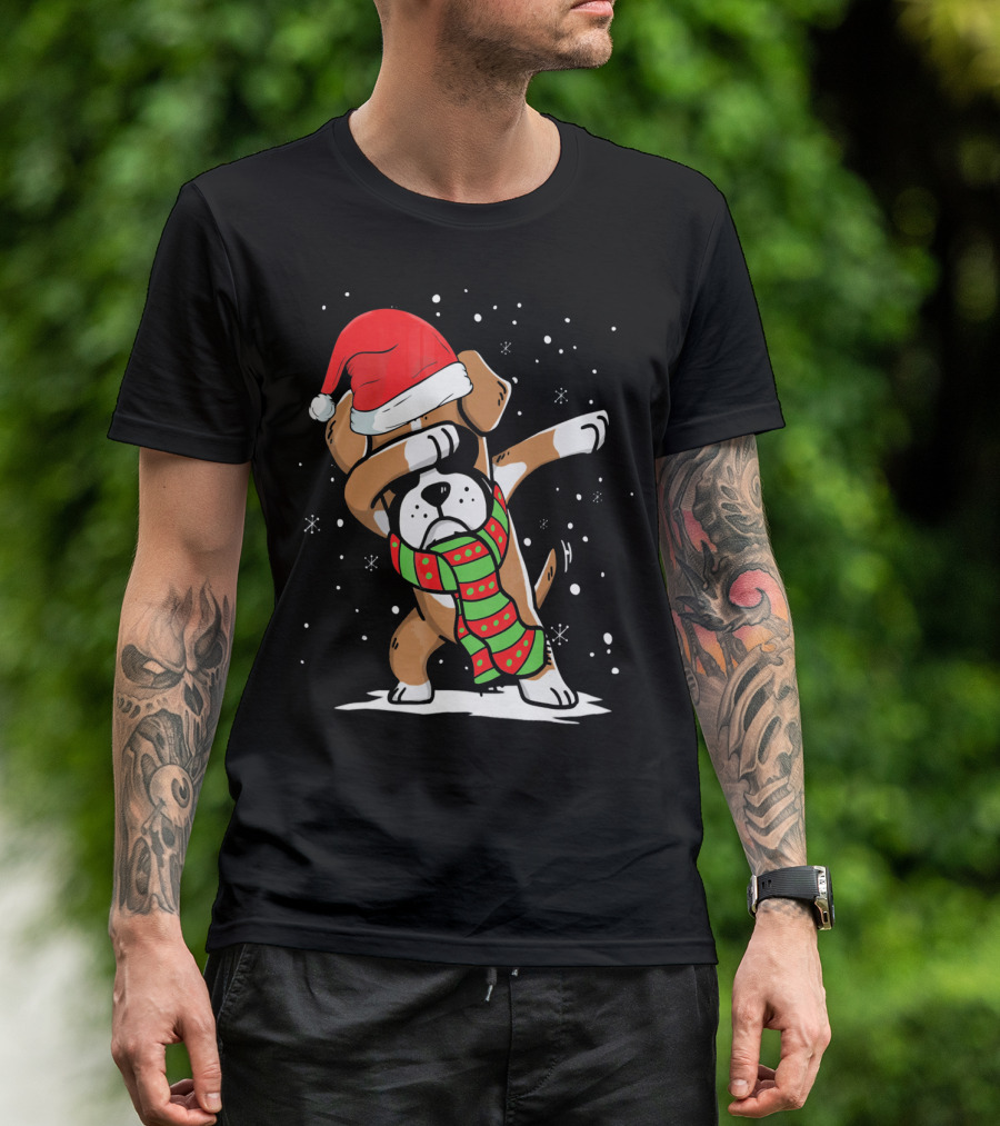 Festive Dabbing Boxer Dog In Santa Hat And Scarf For Christmas Dog Lovers T-Shirt
