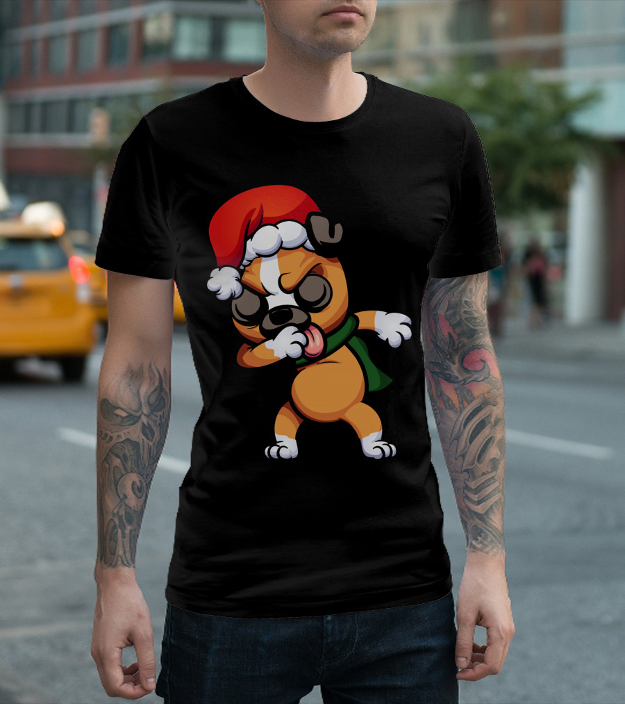 Dabbing Boxer Santa Dog Cartoon With Christmas Hat And Scarf T-Shirt