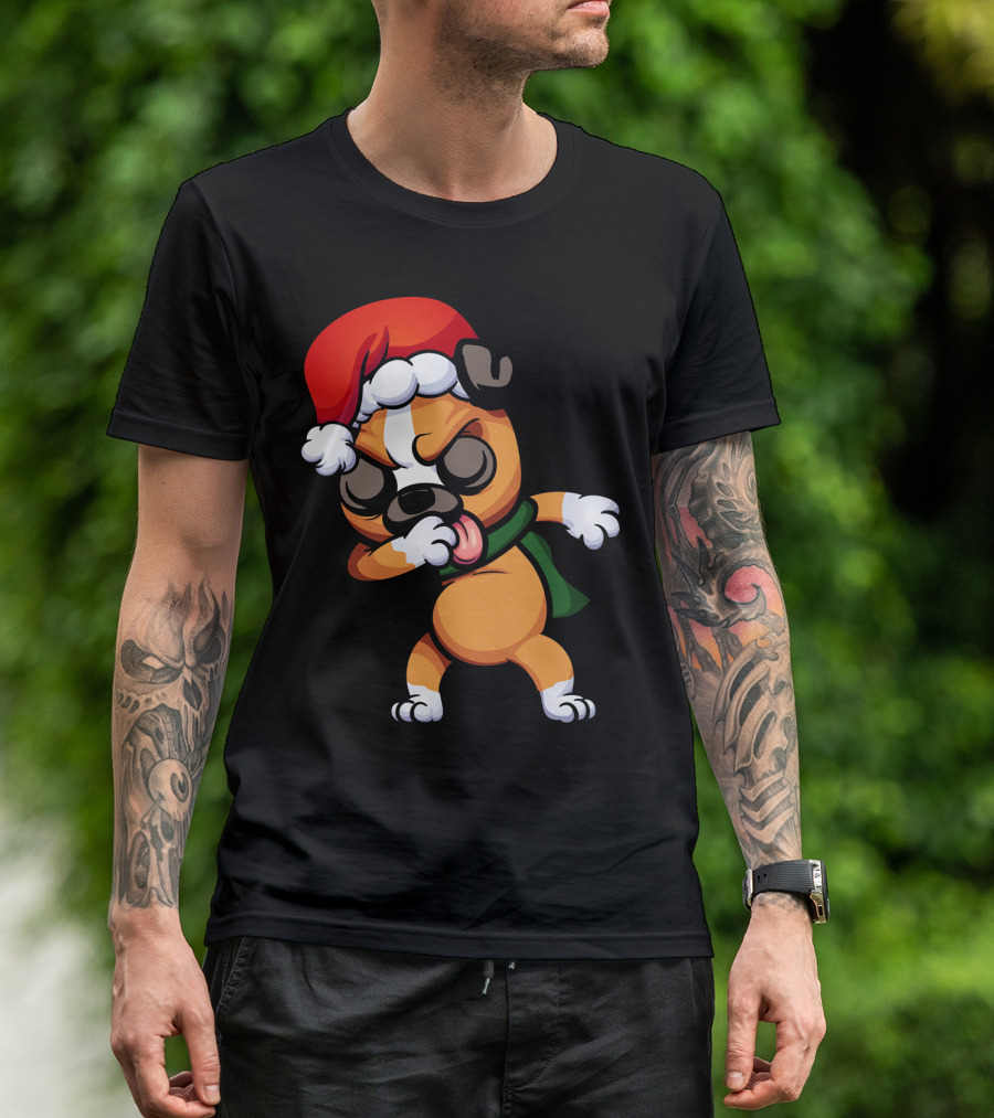 Dabbing Boxer Santa Dog Cartoon With Christmas Hat And Scarf T-Shirt
