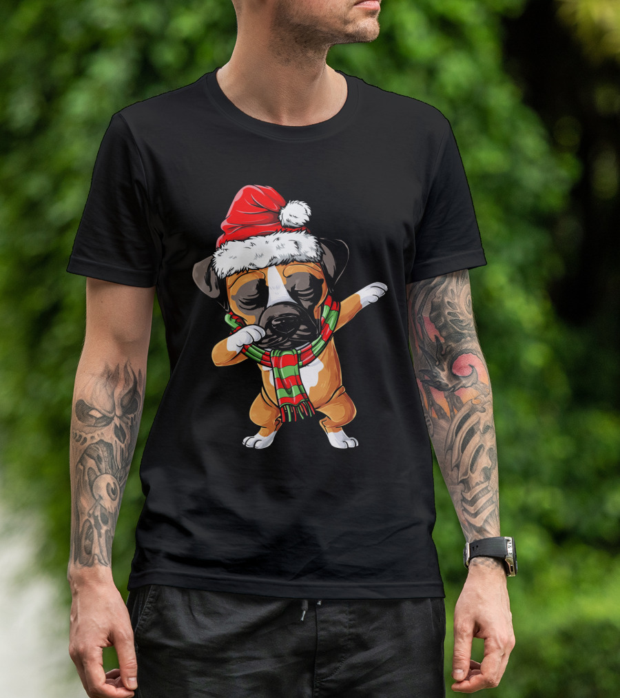Boxer Dog Dabbing Santa Hat Christmas Scarf T-Shirt