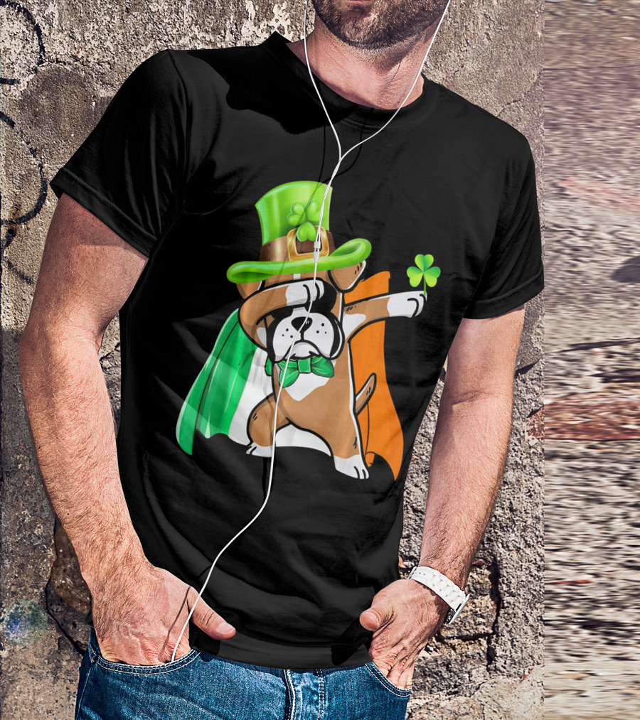 Lucky Boxer Dabbing With Irish Flag And Shamrock Hat T-Shirt