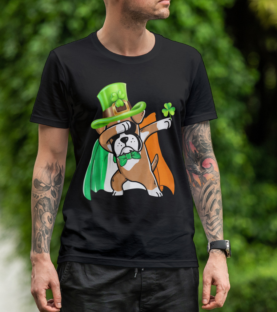 Lucky Boxer Dabbing With Irish Flag And Shamrock Hat T-Shirt
