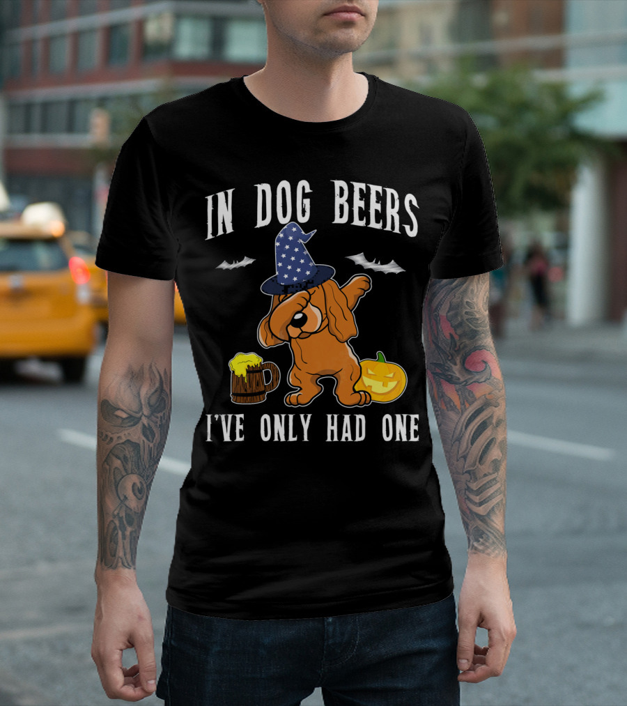 In Dog Beers Halloween Cocker Spaniel Dabbing With Pumpkin and Beer T-Shirt