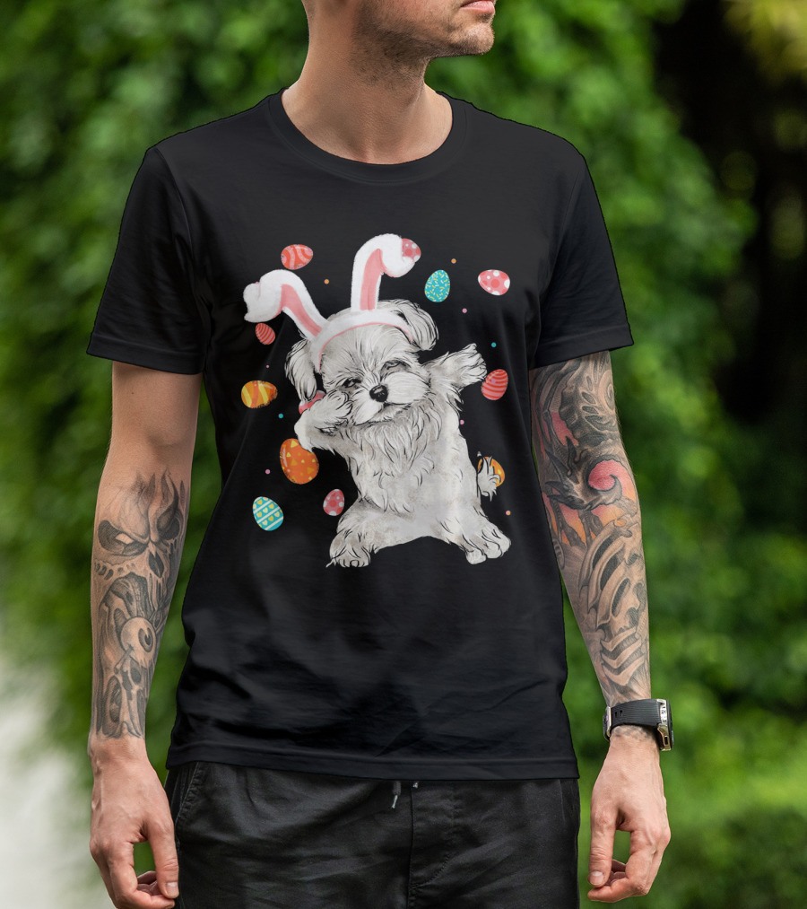 Dabbing Maltese Dog With Easter Bunny Ears And Colorful Eggs T-Shirt