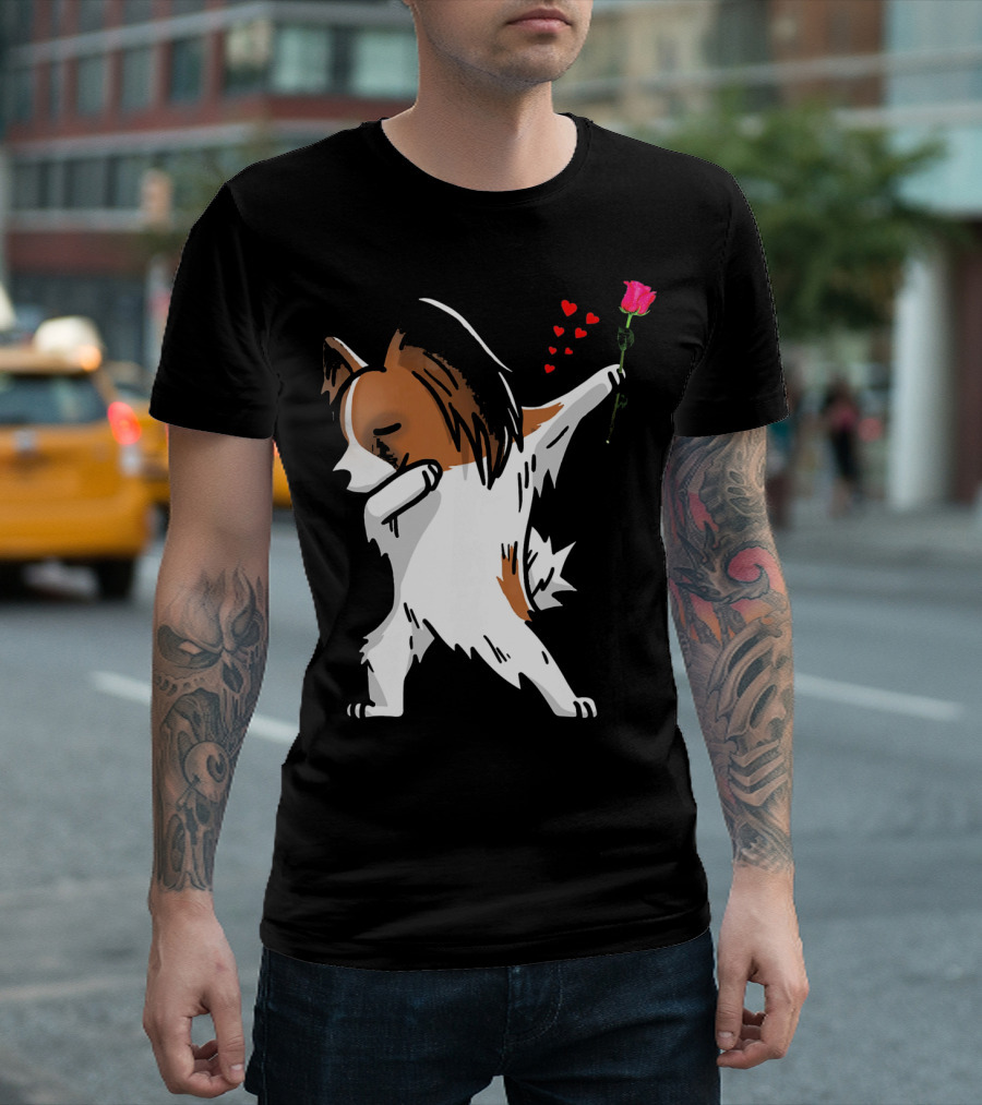 Dabbing Papillon Dog Holding Rose With Hearts For Valentines Day T-Shirt