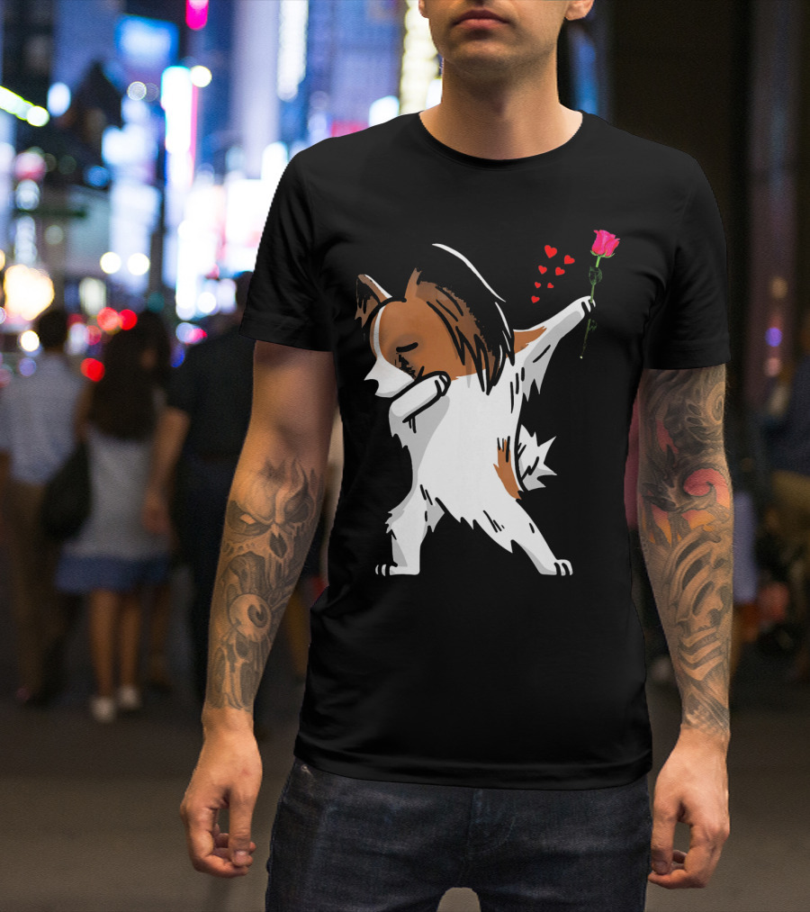 Dabbing Papillon Dog Holding Rose With Hearts For Valentines Day T-Shirt