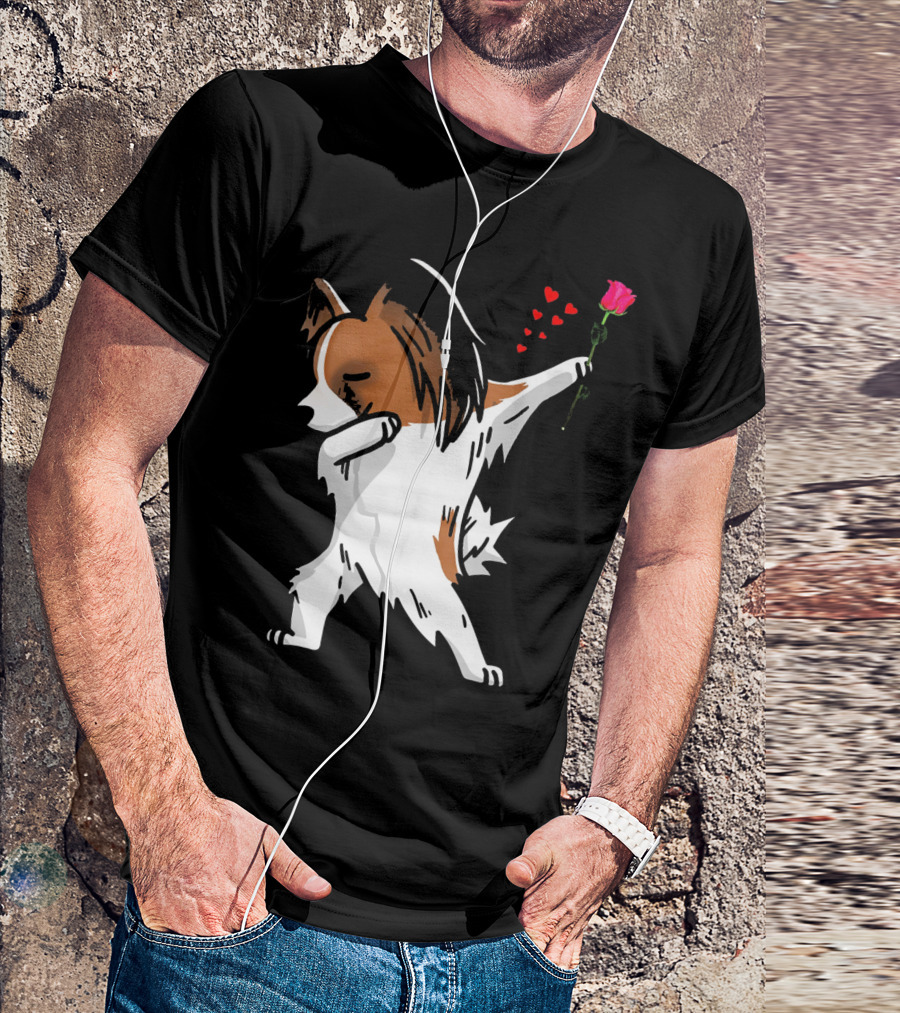 Dabbing Papillon Dog Holding Rose With Hearts For Valentines Day T-Shirt