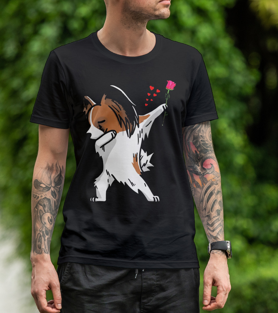 Dabbing Papillon Dog Holding Rose With Hearts For Valentines Day T-Shirt