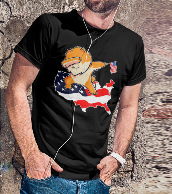Funny Dabbing Pomeranian Holding American Flag On USA Map T-Shirt