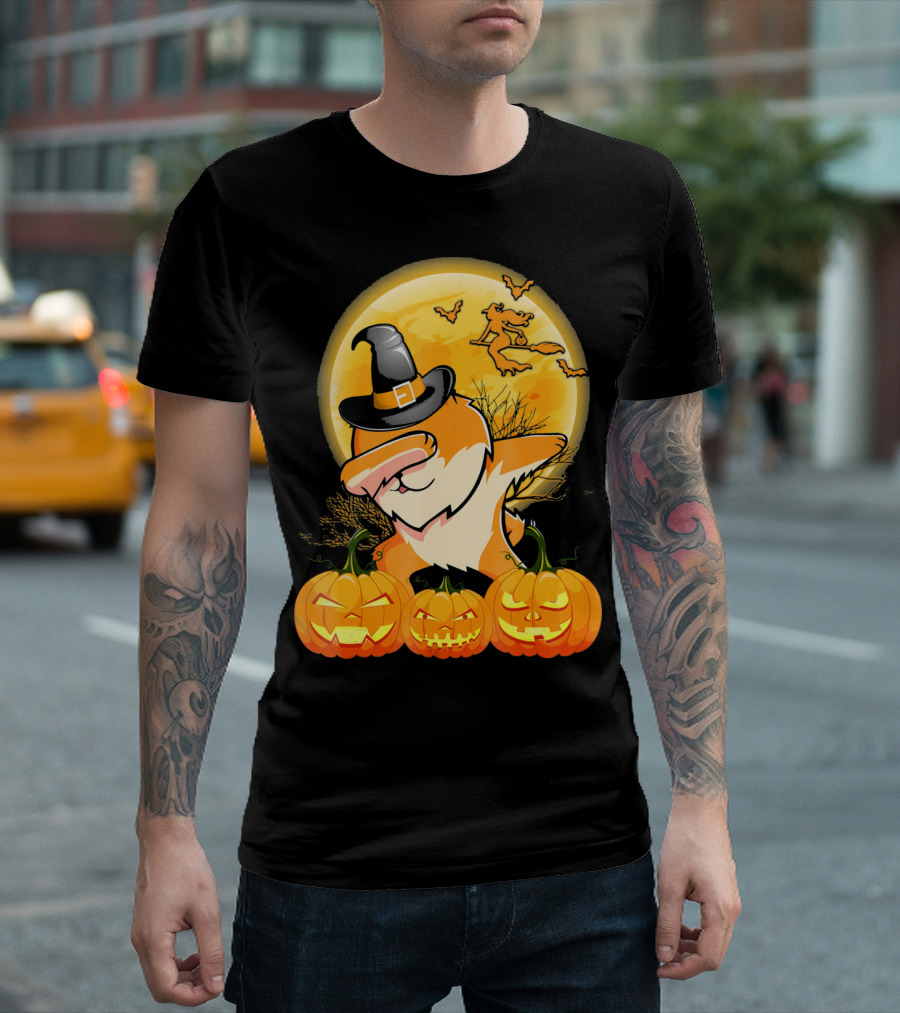 Dabbing Pomeranian Dog Halloween Pumpkin Witch Moon T-Shirt