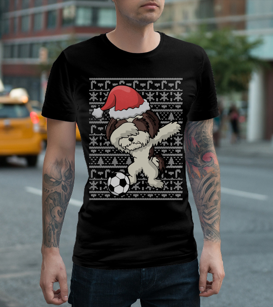 Santa Hat Dabbing Shih Tzu Soccer Ball Holiday Knit T-Shirt