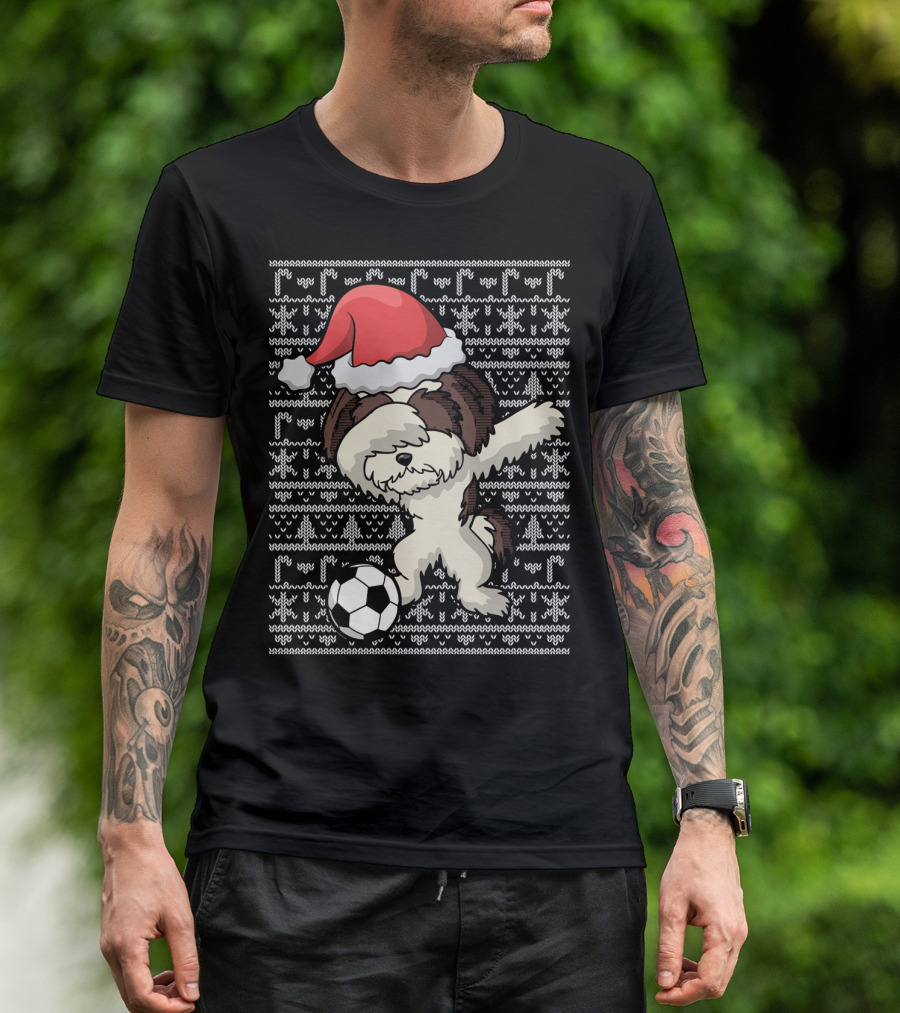 Santa Hat Dabbing Shih Tzu Soccer Ball Holiday Knit T-Shirt