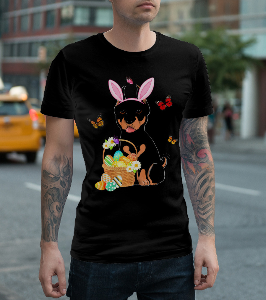 Doberman Bunny Hat Rabbit With Basket Of Easter Eggs And Butterflies T-Shirt