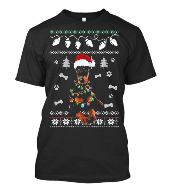 Doberman Festive Santa Hat Lights Christmas T-Shirt
