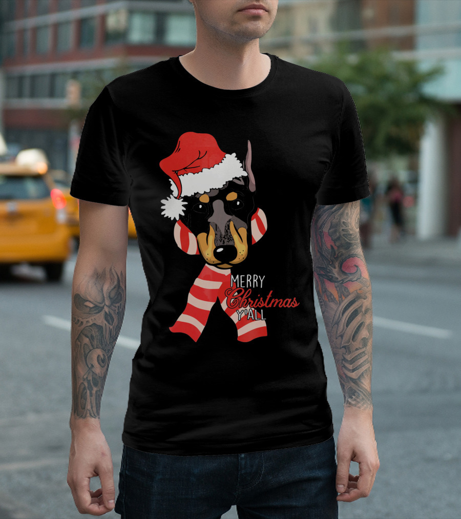 Merry Christmas Y'all Doberman Dog with Santa Hat and Candy Cane Stripes T-Shirt