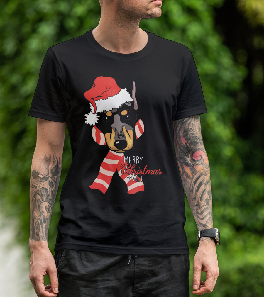 Merry Christmas Y'all Doberman Dog With Santa Hat And Candy Cane Stripes T-Shirt
