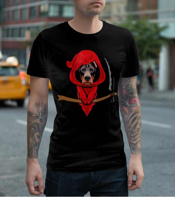 Doberman Grim Reaper Red Hood Scythe T-Shirt