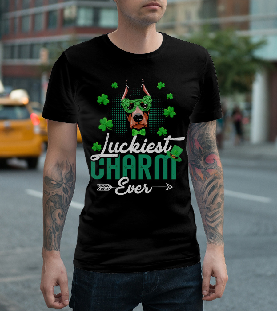 Luckiest Charm Ever Doberman Patrick's Day Shamrock Glasses T-Shirt