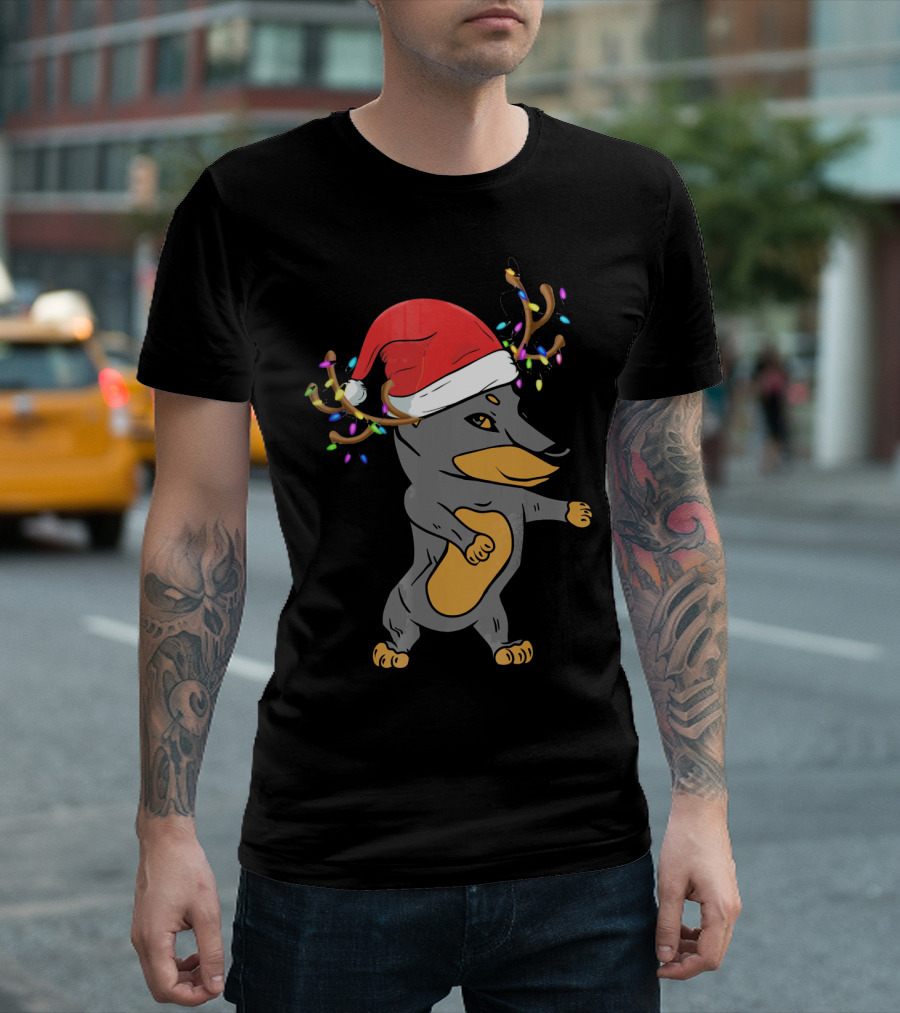 Christmas Doberman Santa Hat Reindeer Antlers Lights Dog Lovers T-Shirt