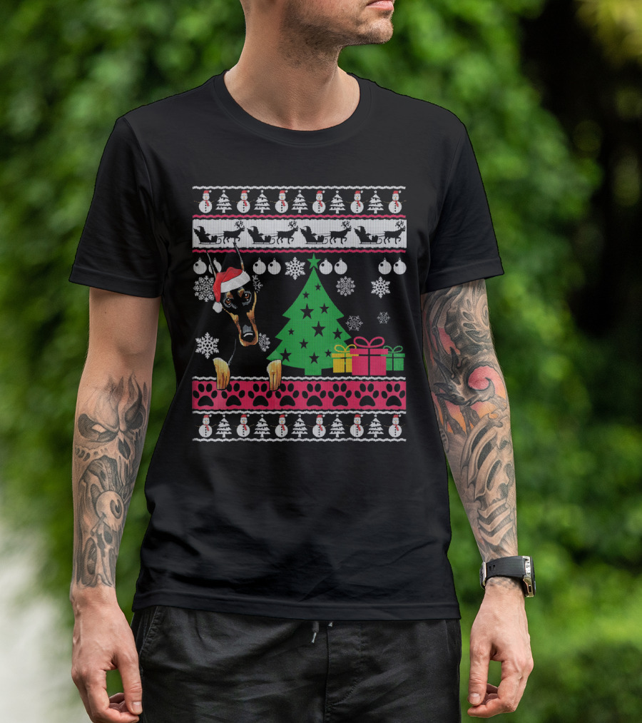 Doberman Christmas Sweater With Santa Hat And Festive Decorations T-Shirt